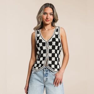 EMORY PARK Crochet Checkered Button Tank